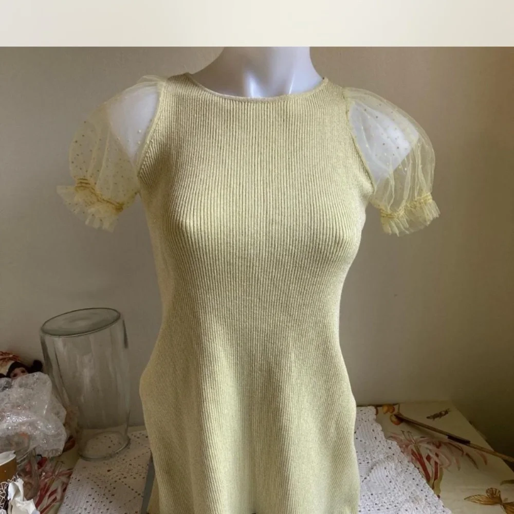 Zara shimmer top with sheer polka dot puffy sleeves size 8